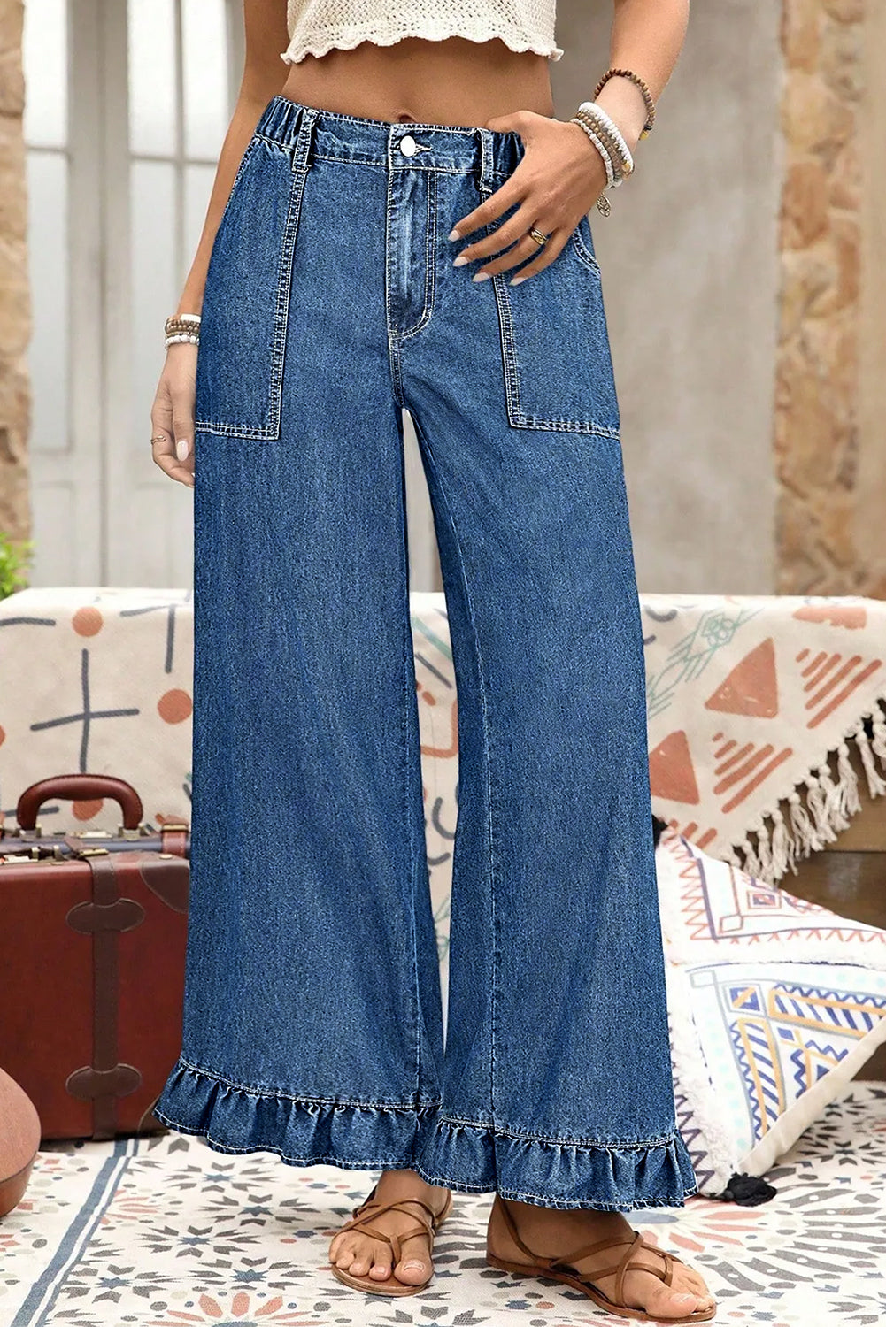 Sail Blue Plus Size Elastic Waist Ruffle Hem Jeans