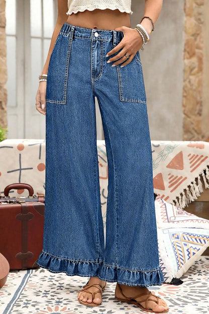 Sail Blue Plus Size Elastic Waist Ruffle Hem Jeans