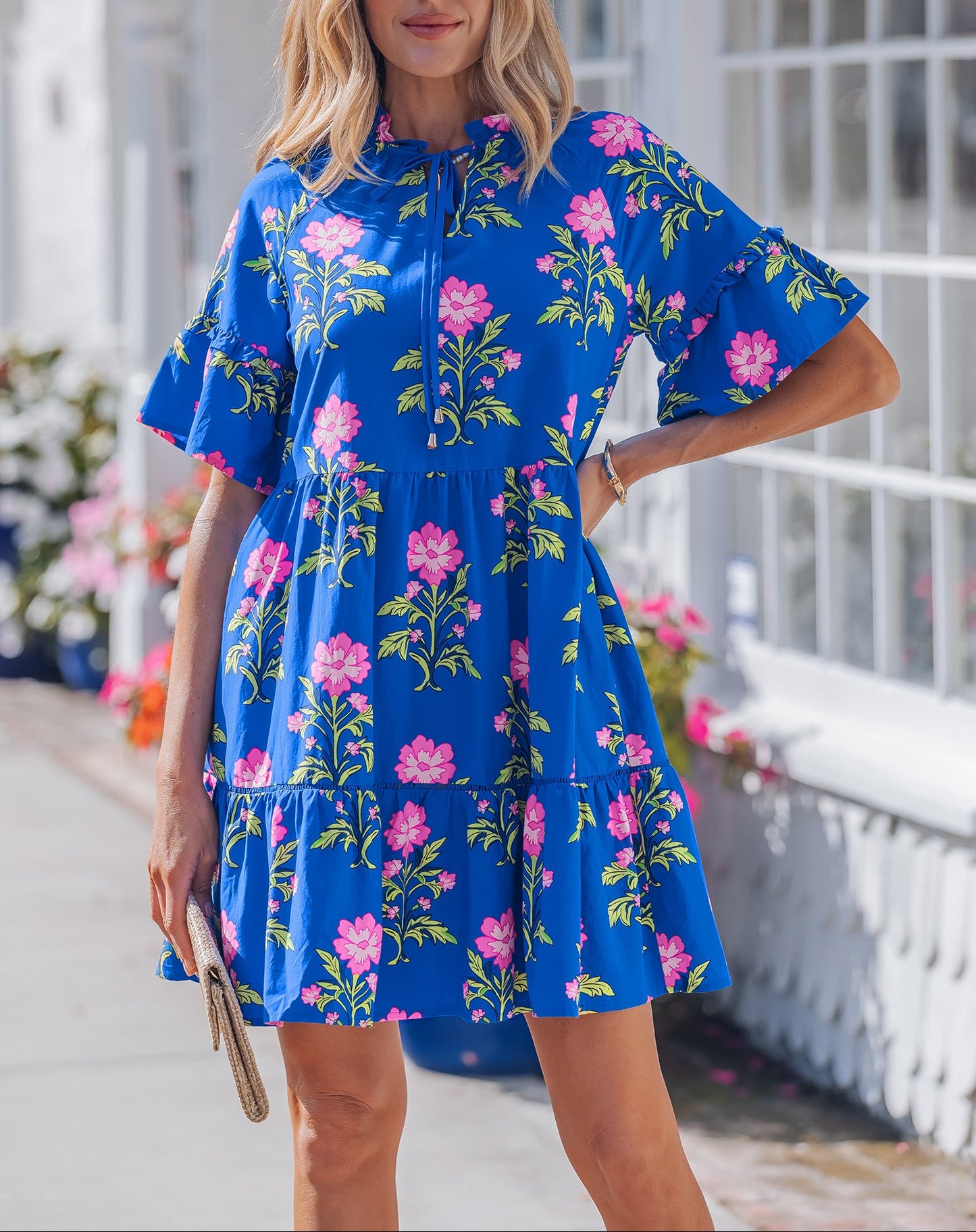 Floral Print V Neck Short Sleeve Tiered Mini Dress