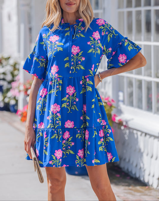 Floral Print V Neck Short Sleeve Tiered Mini Dress