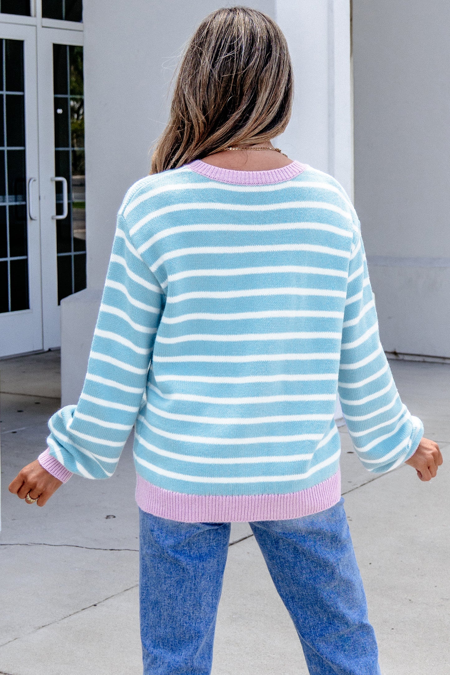 Sky Blue Pastel Stripe Button Knit Cardigan Sweater Top