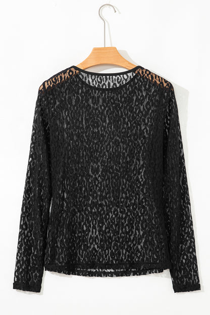 Leopard Mesh Long Sleeve Top Sheer Sexy Shirt Women