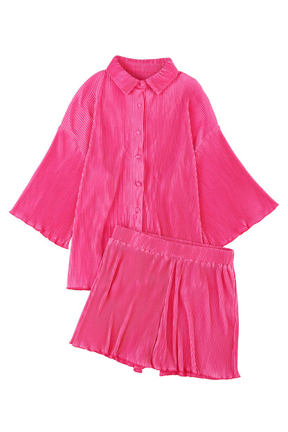 Rose 3/4 Sleeves Pleated Shirt and High Waist Shorts Lounge Set