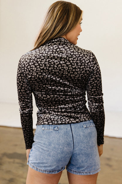 Western Leopard Print Mock Neck Long Sleeve Top Brown