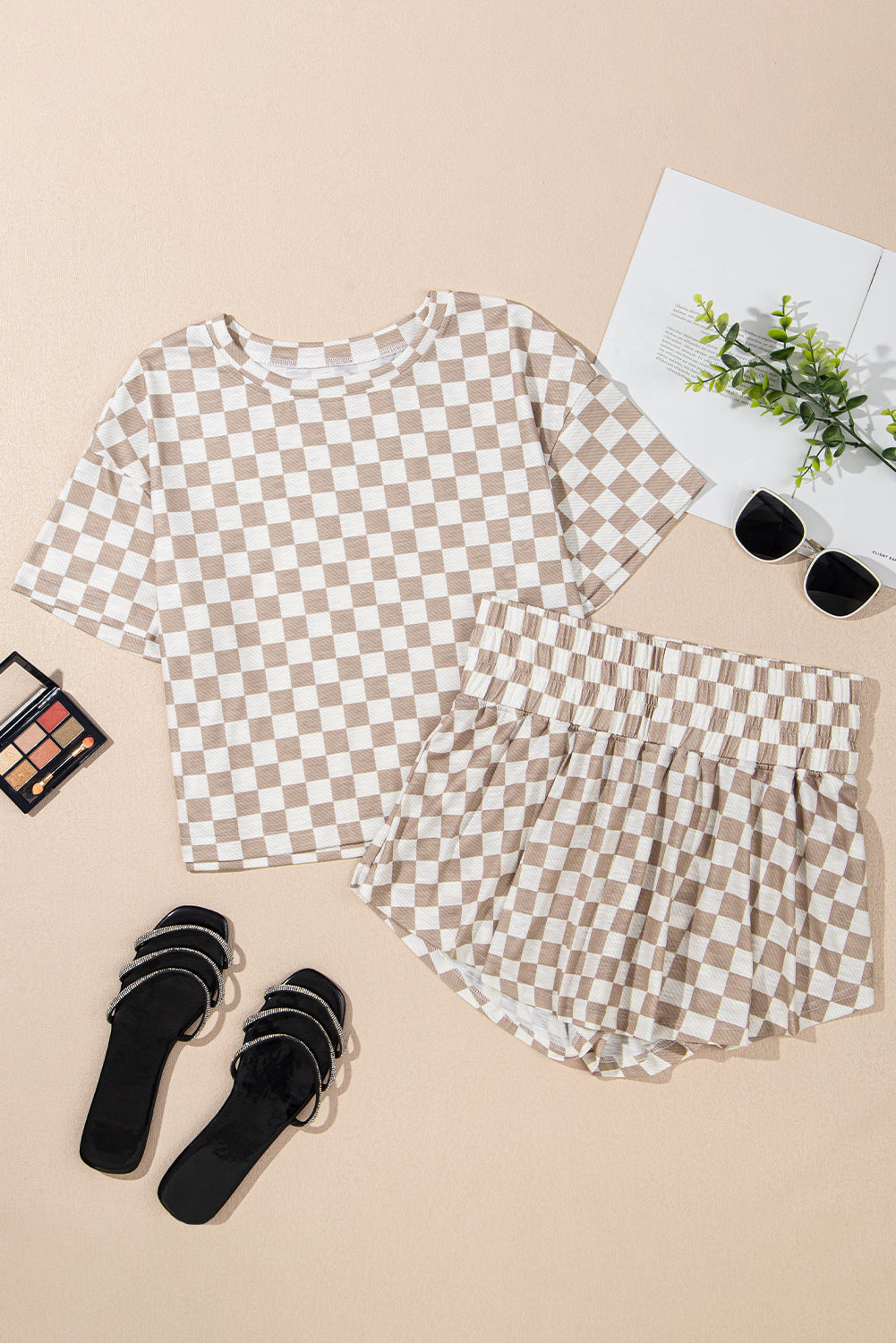 Brown Checkered Lounge Set Tee and High Waist Skort