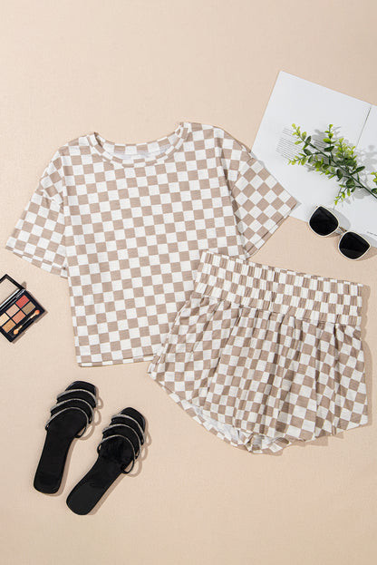 Brown Checkered Lounge Set Tee and High Waist Skort