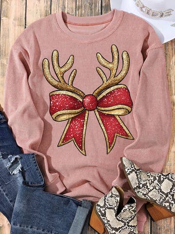 Christmas Reindeer Bow Graphic Corded Knit Sweatshirt