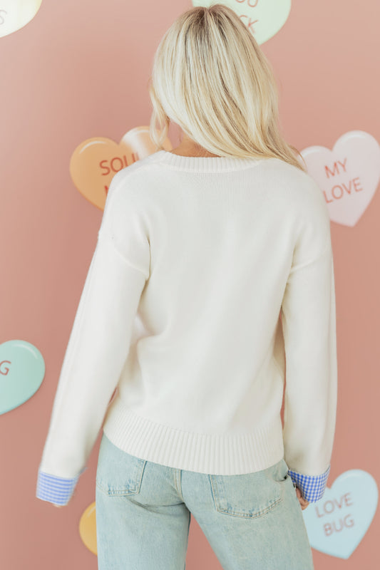 Valentine’s Day Light Pink Plaid Heart Crewneck Sweater