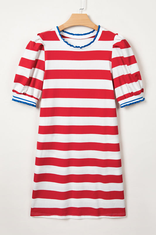 Red Stripe Puff Sleeve Dress Flag Day Independence