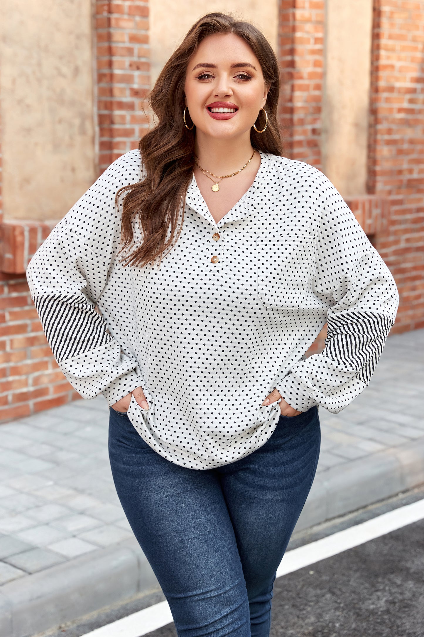 Plus Size Polka Dot Patchwork Sleeve Henley Top
