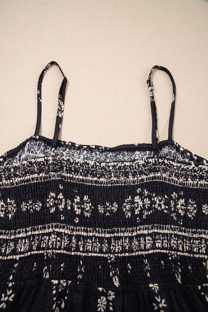 Black Boho Print Spaghetti Strap Wide Leg Jumpsuit