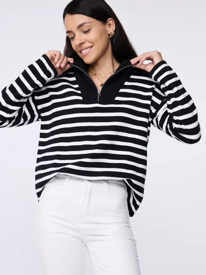 Striped Quarter Zip Pullover Sweater Casual Loose Fit