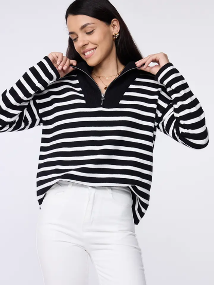 Striped Quarter Zip Pullover Sweater Casual Loose Fit