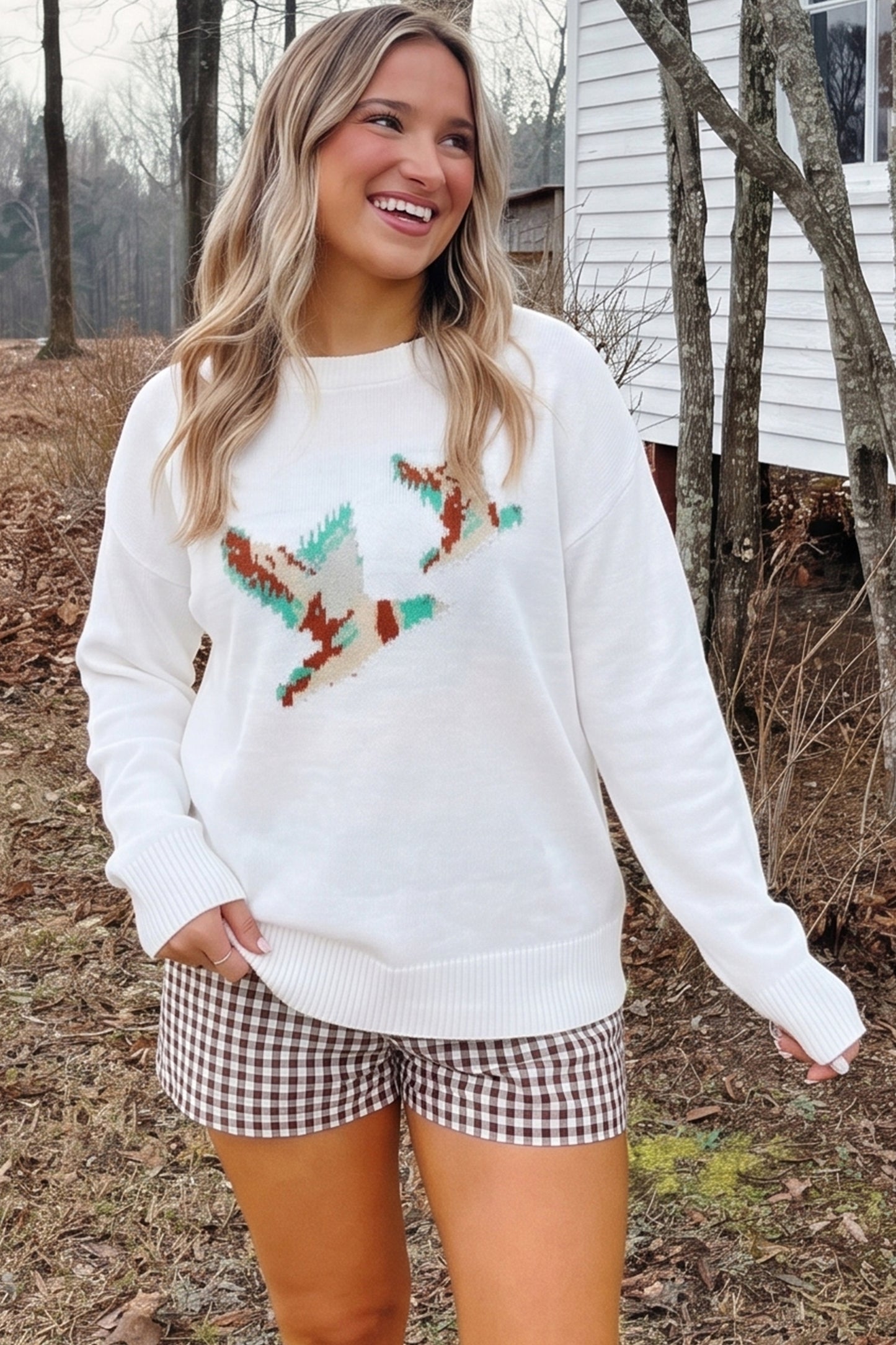 White Bird Pattern Drop Shoulder Knit Pullover Sweater