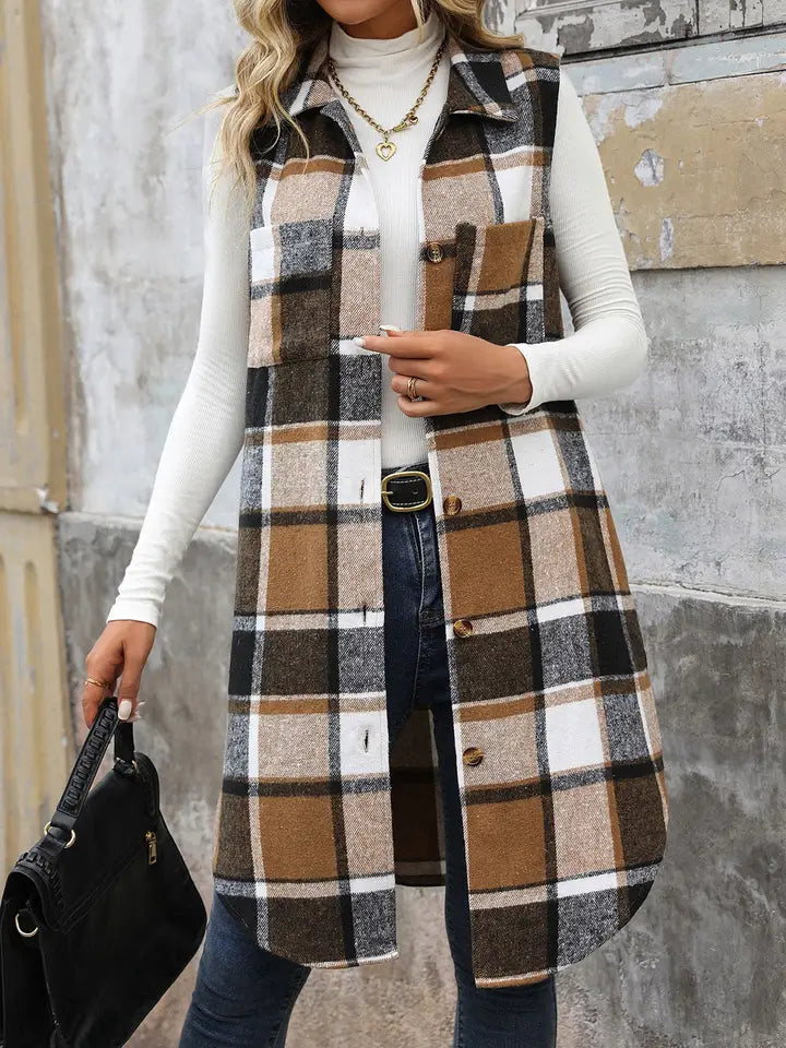 Plaid Longline Sleeveless Open Front Cardigan Vest
