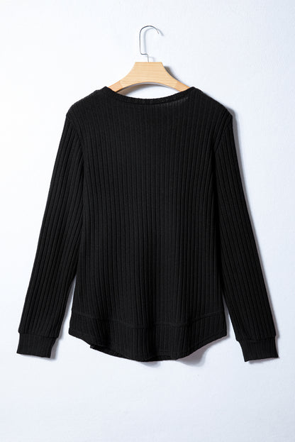 Ribbed Long Sleeve Round Neck Casual Knit Top