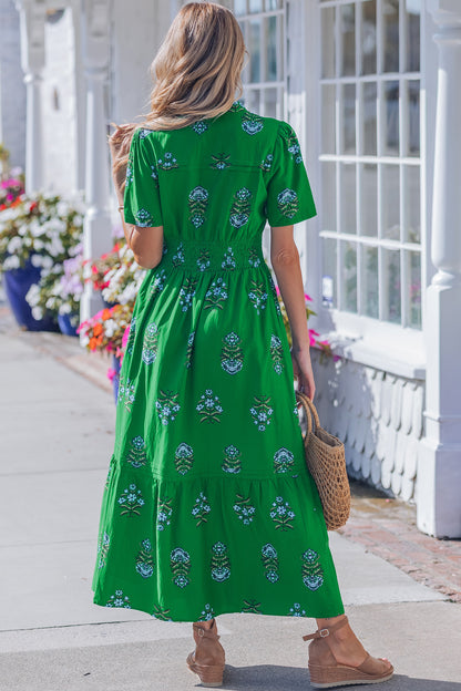 Floral Smocked Waist Maxi Dress Split Neck Boho