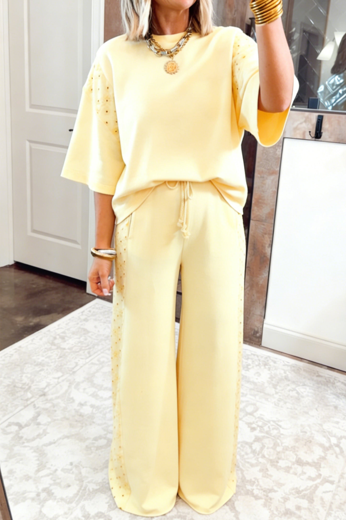 Yellow Eyelet Lace Lounge Set Oversized Tee Pants