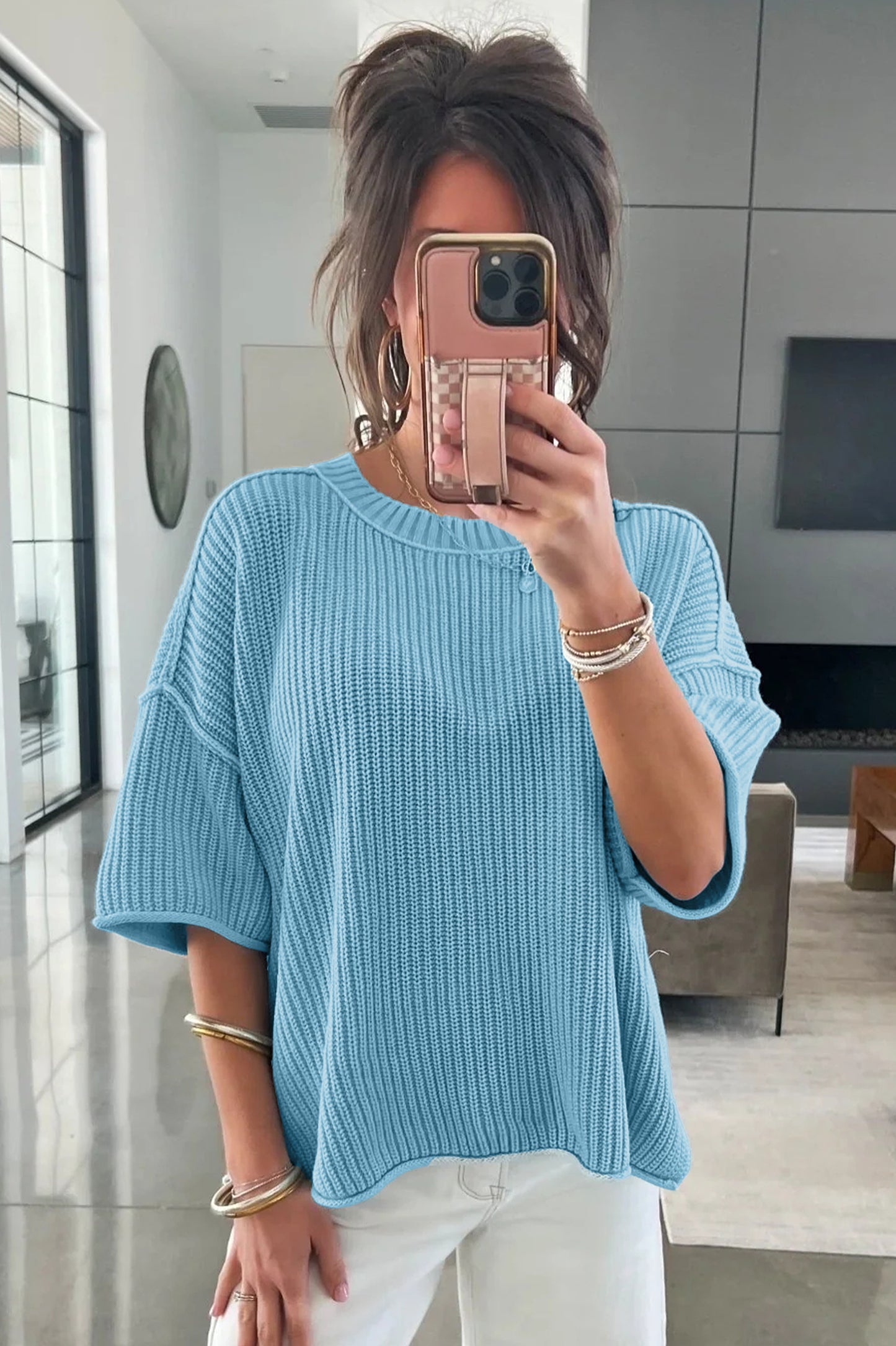 Mist Blue Waffle Knit Oversized Half Sleeve Sweater Top