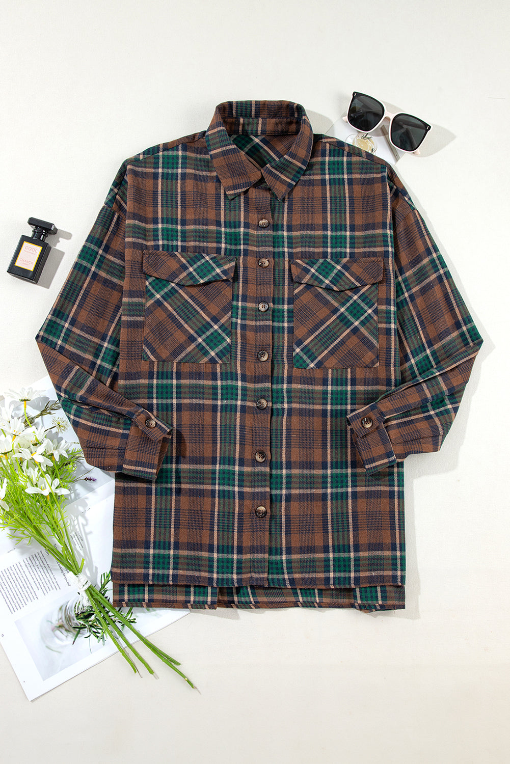 Brown Plaid Button-Down Shacket with Chest Pockets