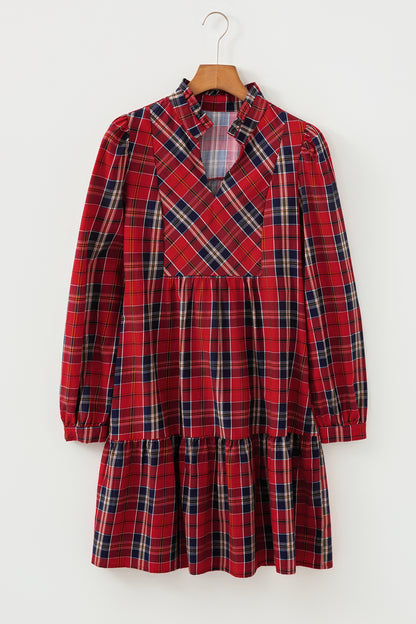 Christmas Red Plaid Print Frilly Collar Long Sleeve Dress