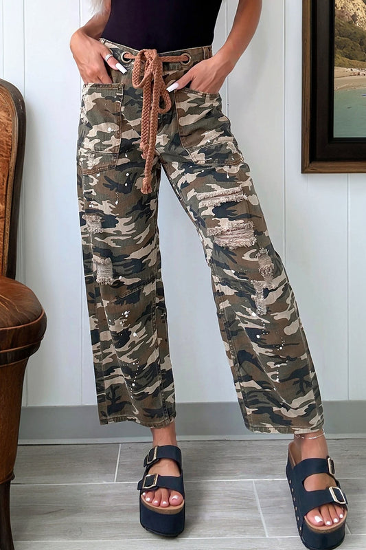 Green Camouflage Distressed Loose Fit Denim Pants