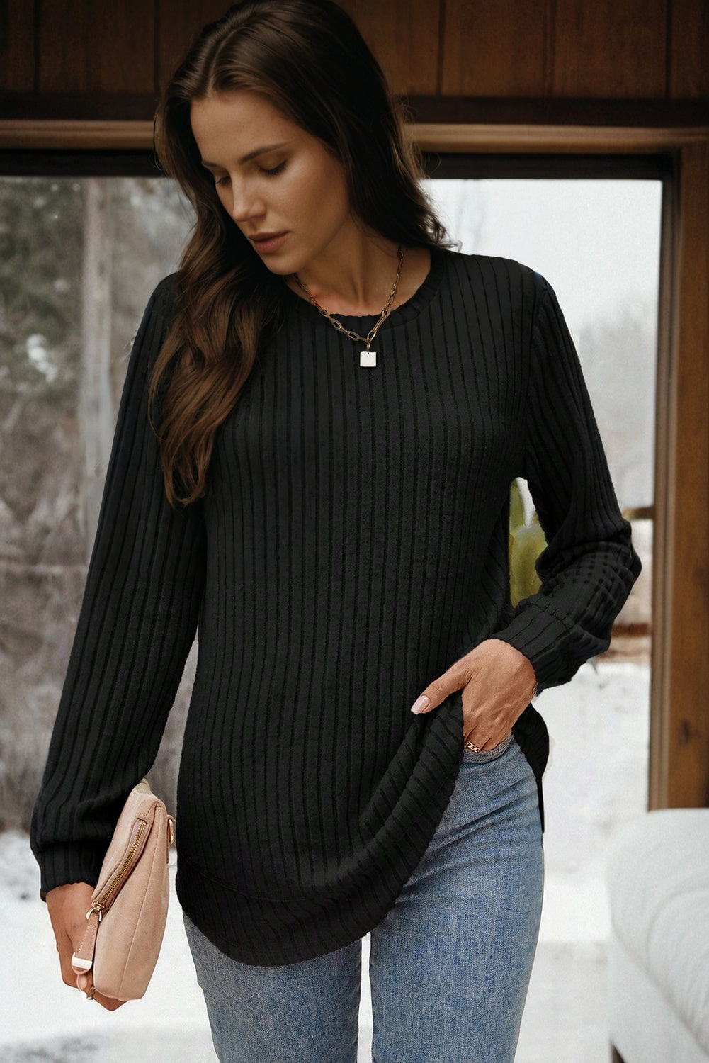 Ribbed Long Sleeve Round Neck Casual Knit Top