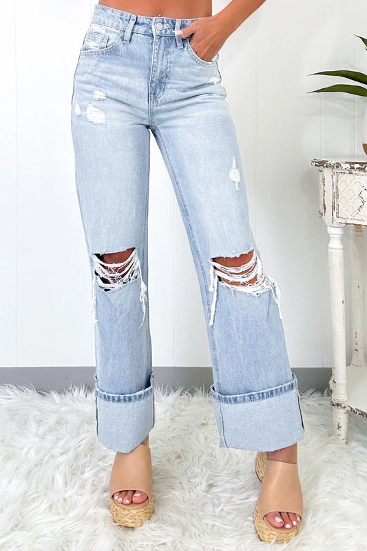 Light Wash Distressed Straight Leg Jeans Raw Hem Denim