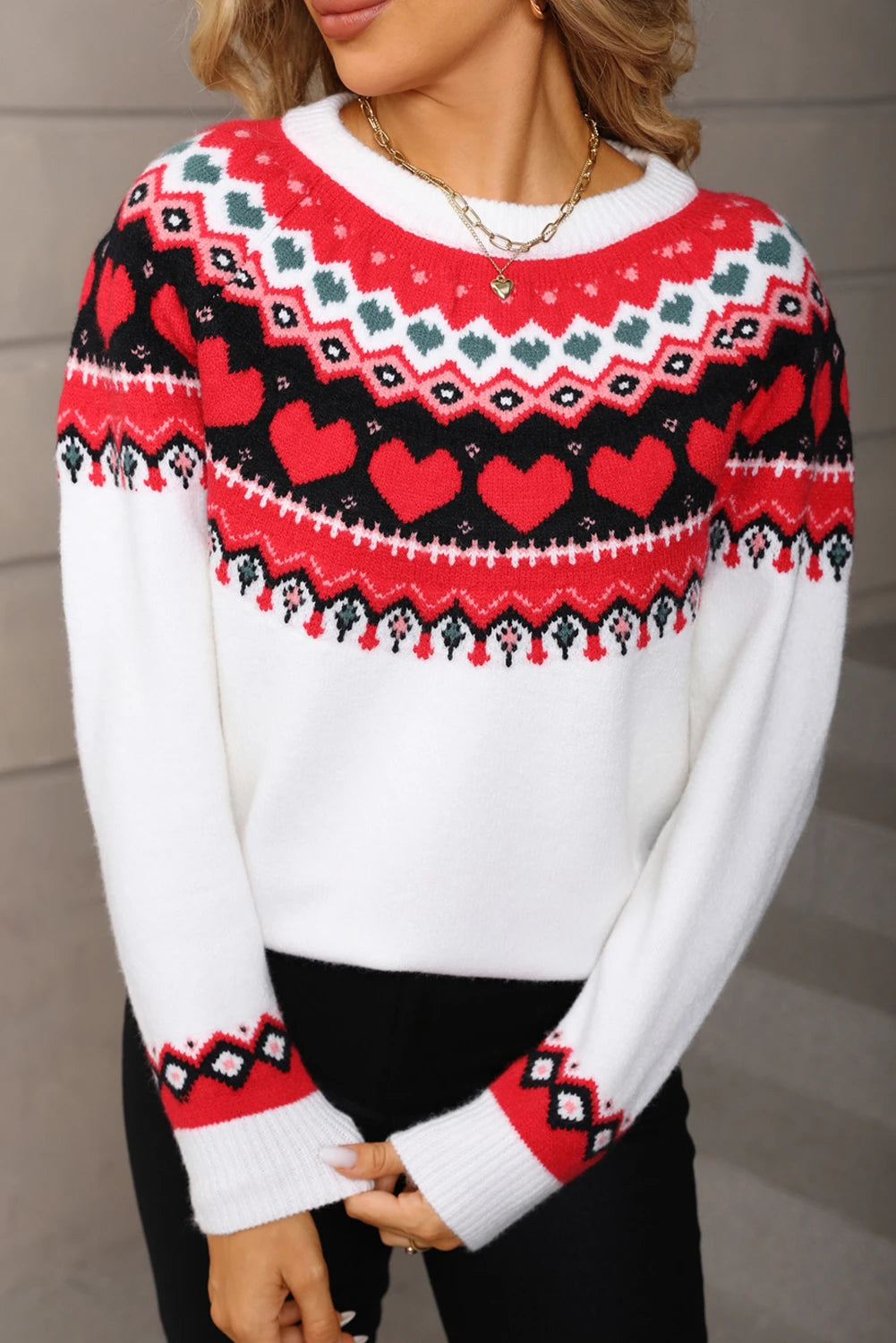 Valentine Sweet Heart Pattern White Knit Sweater Women