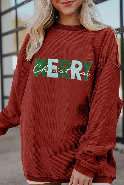 Strawberry Pink Chenille Letter MERRY Christmas Sweatshirt
