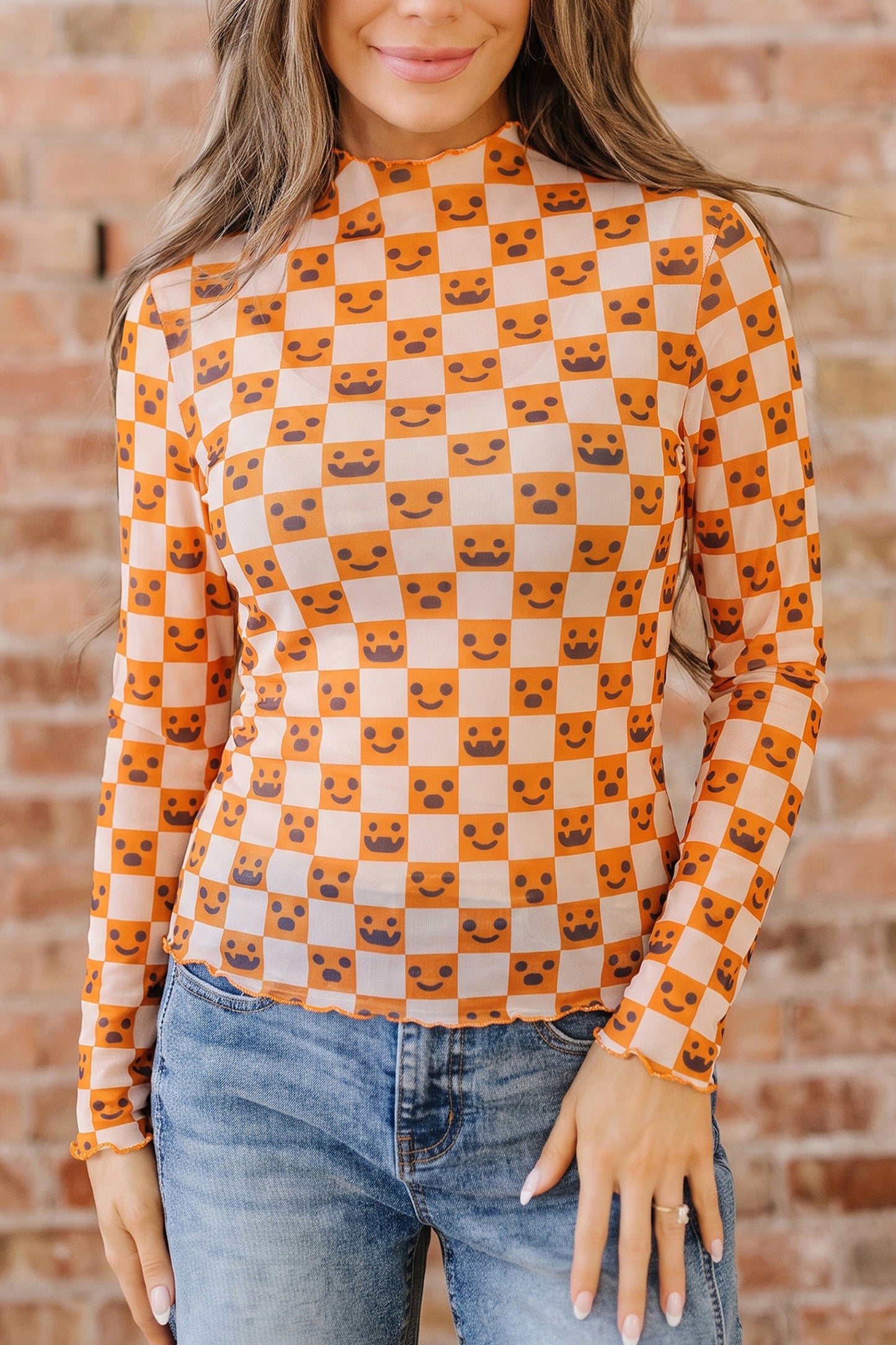 Halloween Checkerboard Mesh Top Mock Neck Long Sleeve