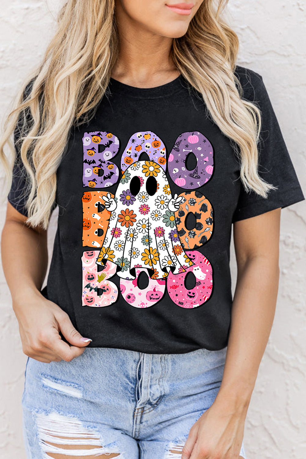 Black BOO Ghost Halloween Floral Graphic T Shirt