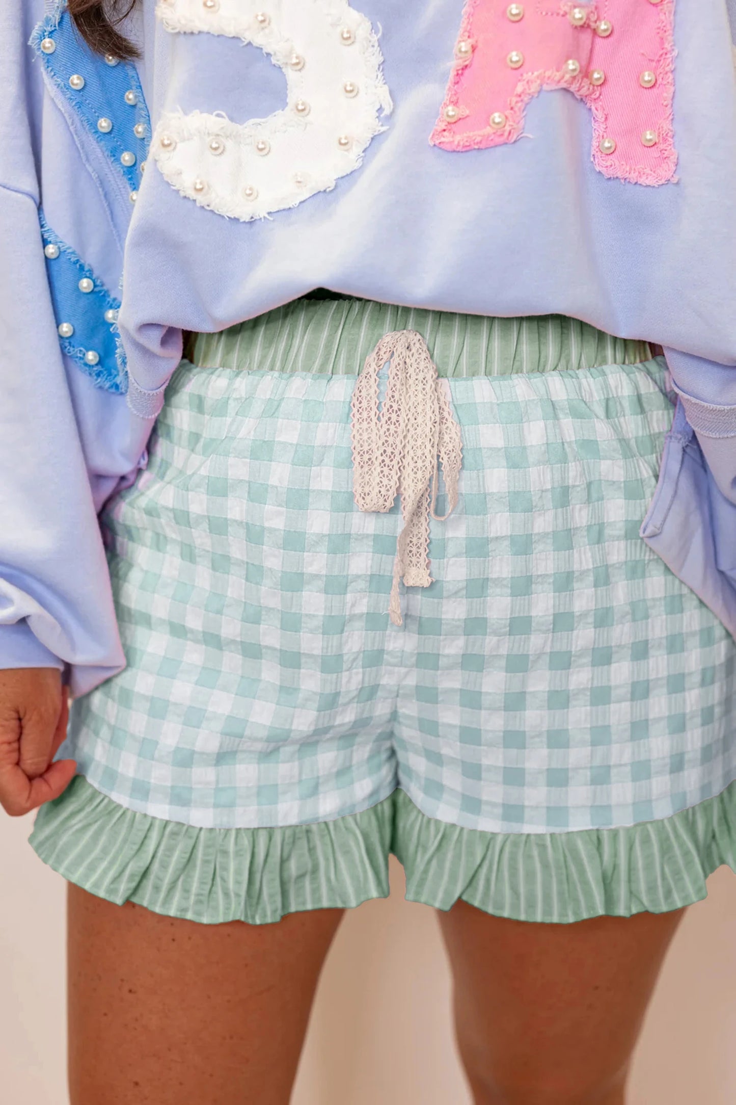 Gingham Ruffle Hem Shorts High Waist Casual Summer