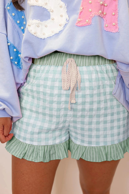 Gingham Ruffle Hem Shorts High Waist Casual Summer