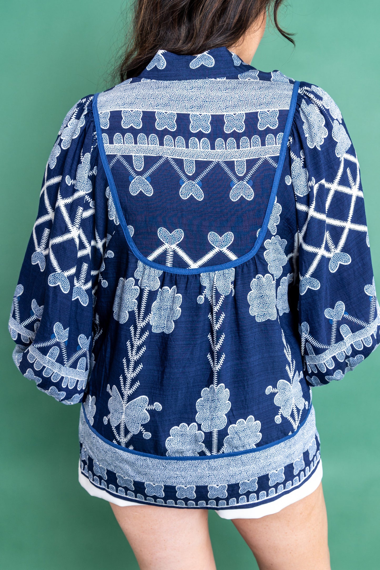 Blue Boho Print Notched V Neck Loose Fit Blouse Top