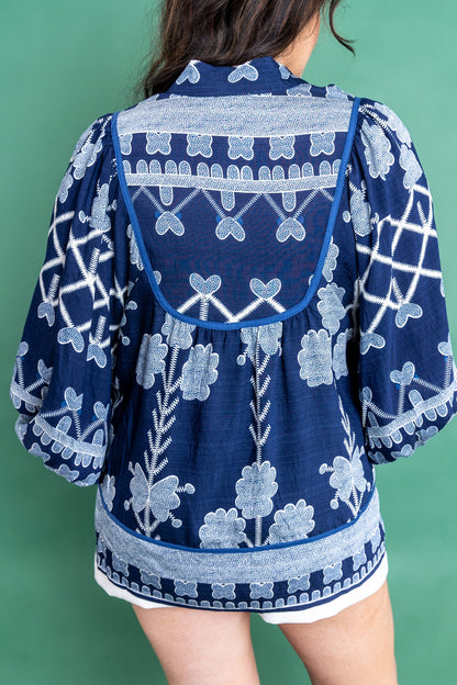 Blue Boho Print Notched V Neck Loose Fit Blouse Top