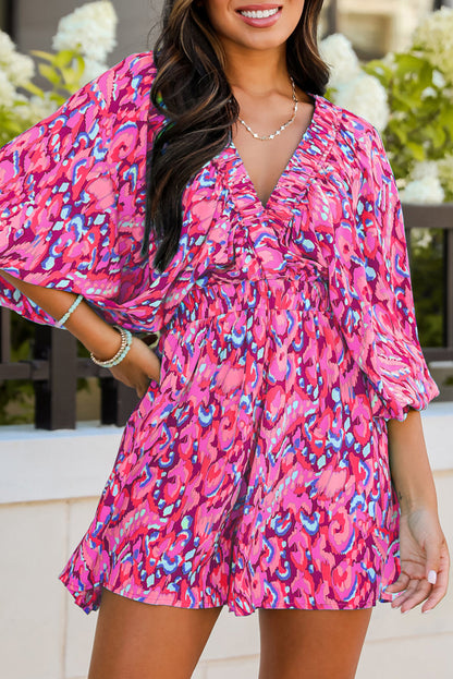 Green Abstract Print V Neck Puff Sleeve Smocked Romper