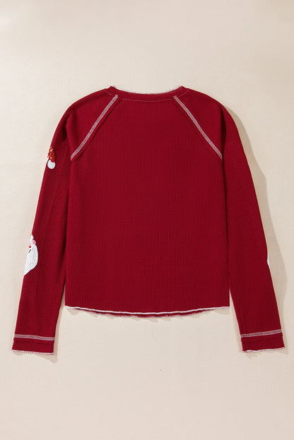 Red Sequin Santa Claus Graphic Textured Long Sleeve Top