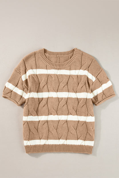 Dark Khaki Striped Cable Short Sleeve Sweater