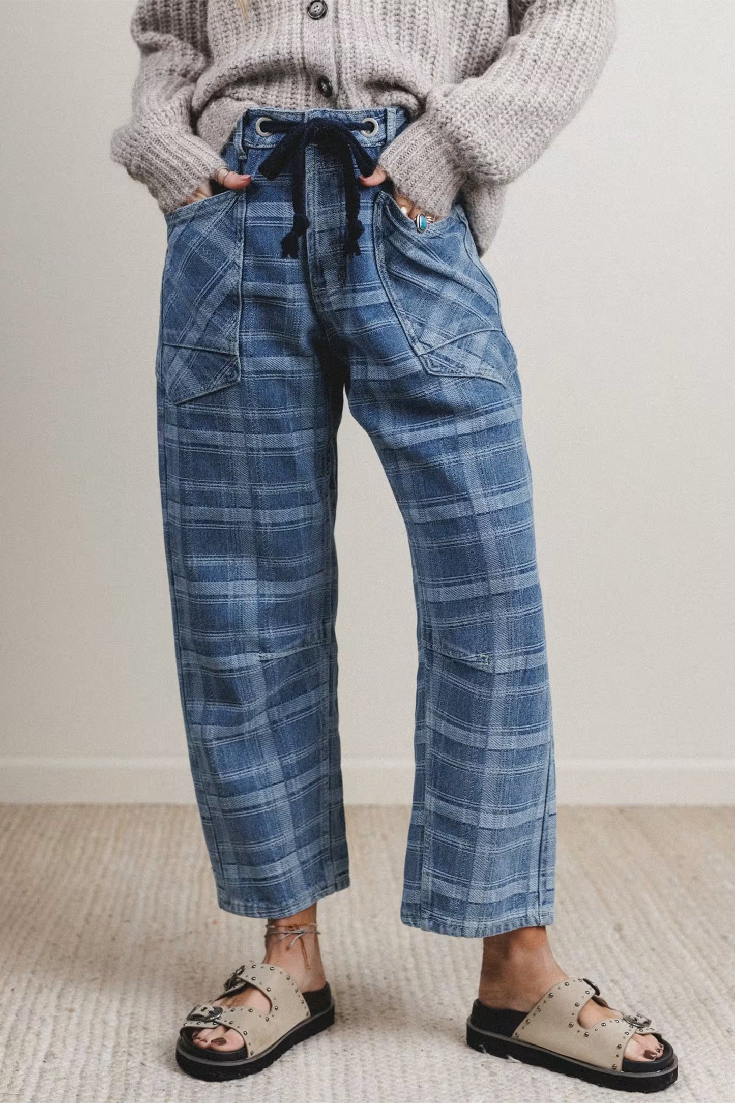 Plaid Denim Drawstring Wide Leg Utility Jeans