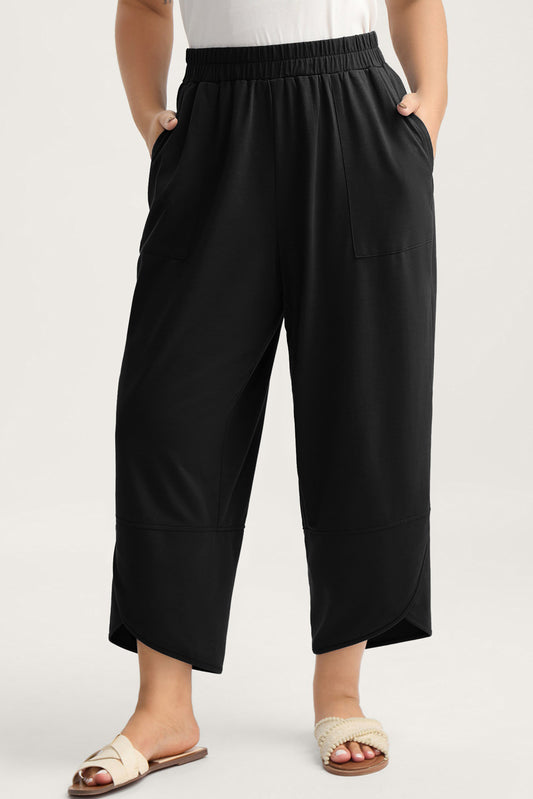 Black Plus Size Elastic Waist Asymmetrical Loose Capris Pants