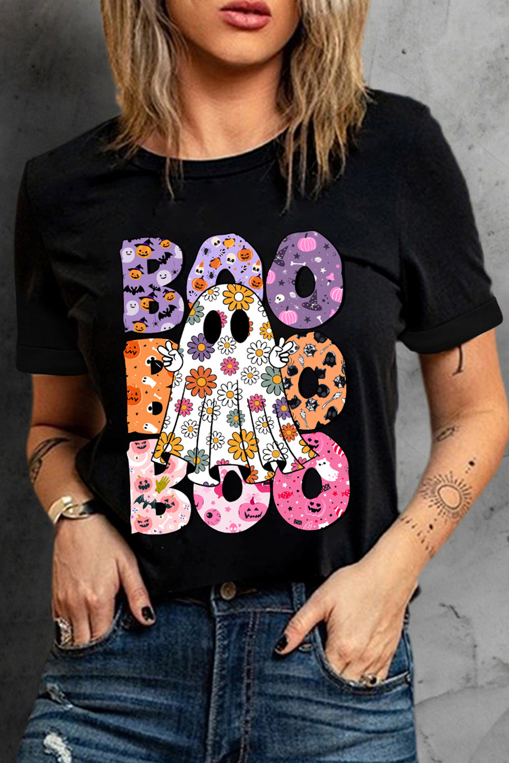 Black BOO Ghost Halloween Floral Graphic T Shirt