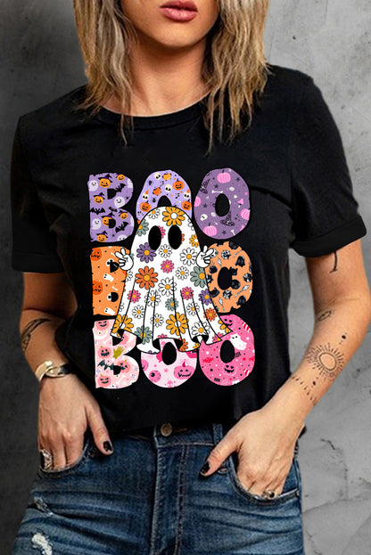 Black BOO Ghost Halloween Floral Graphic T Shirt