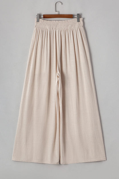 Beige Smocked Waist Wide Leg Flow Pants Plus Size