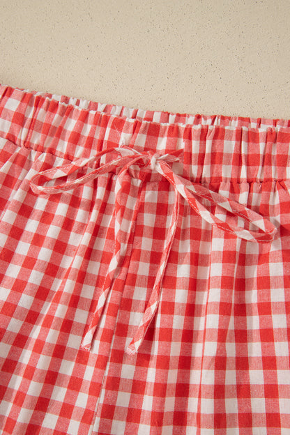Gingham High Waist Tie Lace Trim Casual Shorts Women