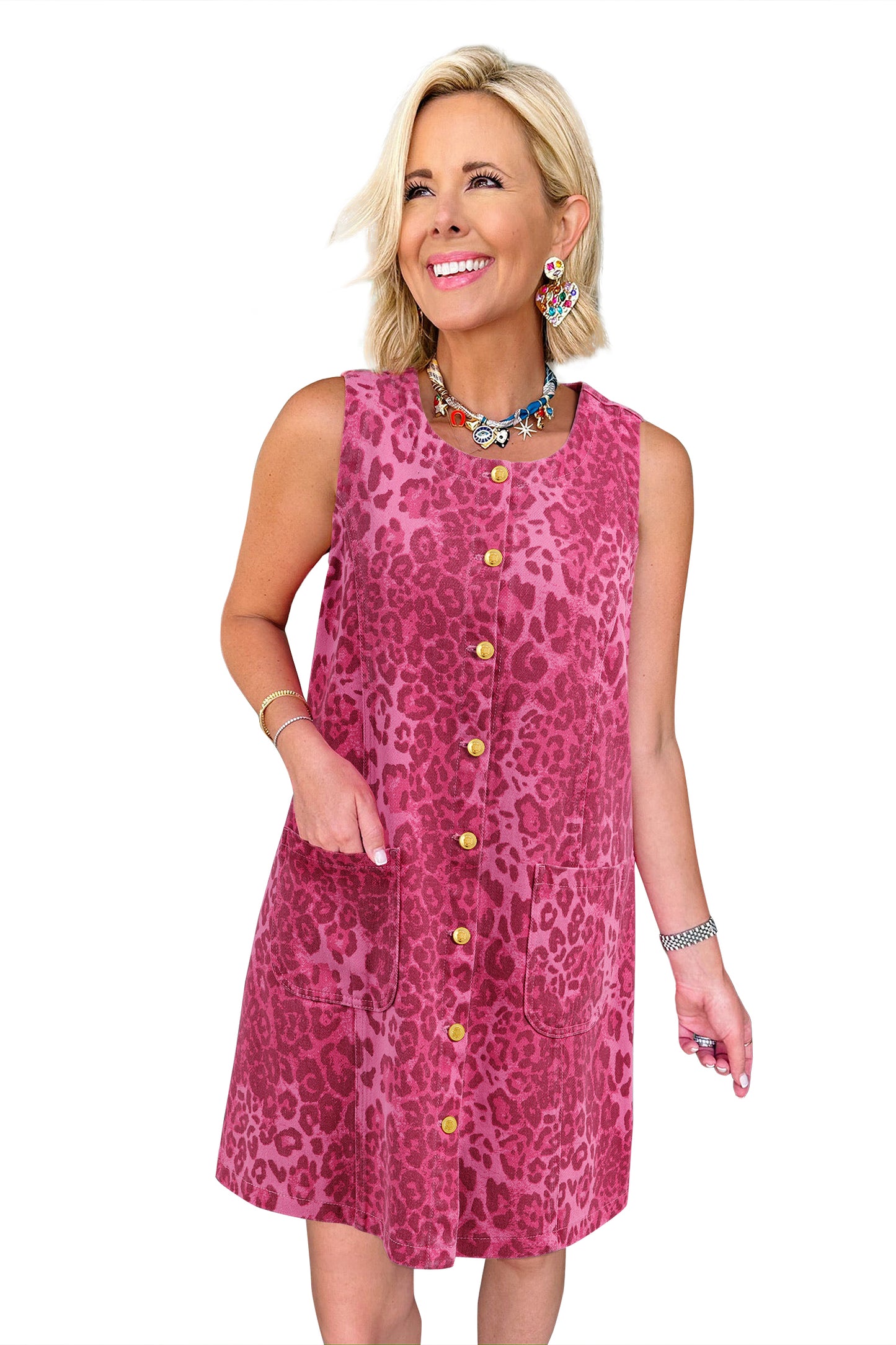 Leopard Print Button Front Sleeveless Shift Mini Dress