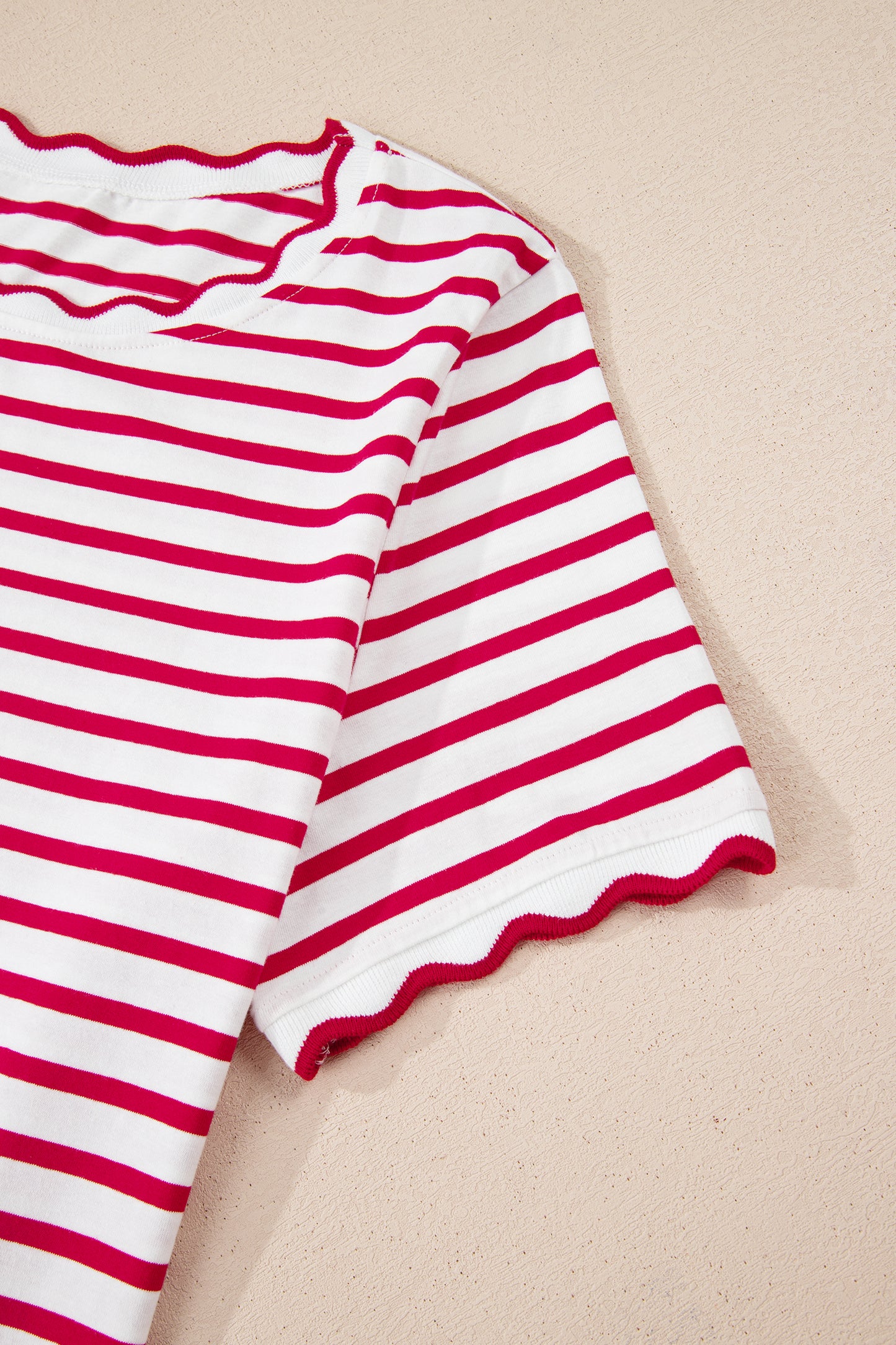 Red Stripe Scalloped Trim Short Sleeve Round Neck Tee