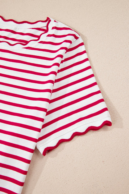 Red Stripe Scalloped Trim Short Sleeve Round Neck Tee
