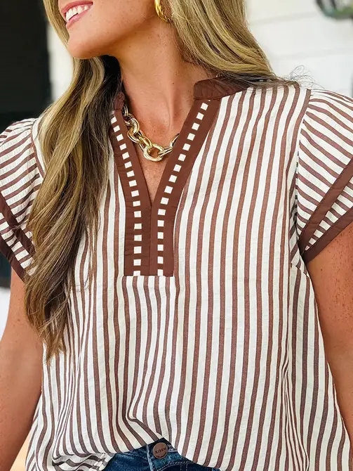 Khaki Stripe V Neck Ruffle Sleeve Summer Blouse