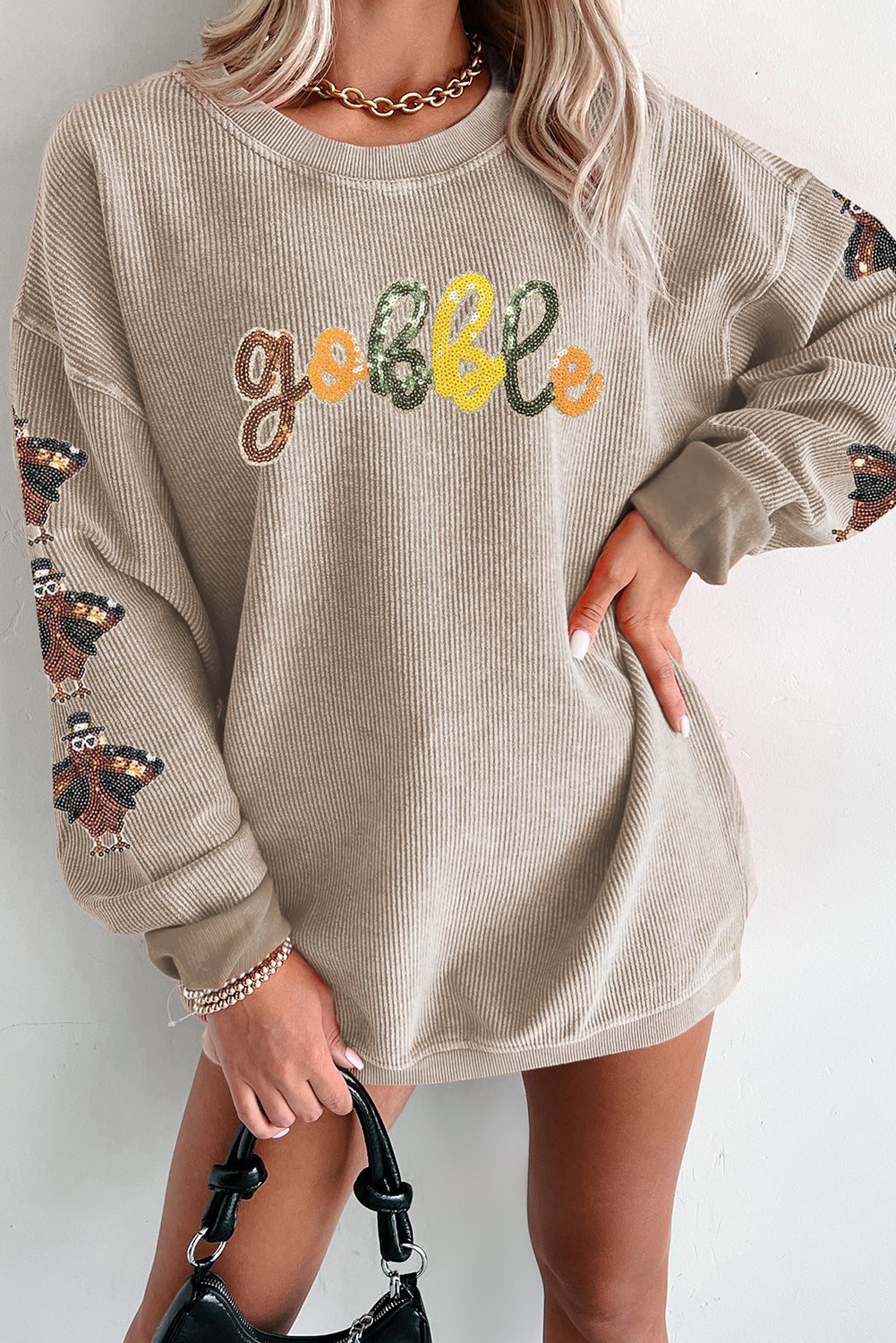 Thanksgiving Turkey Sequin Gobble Corded Sweatshirt